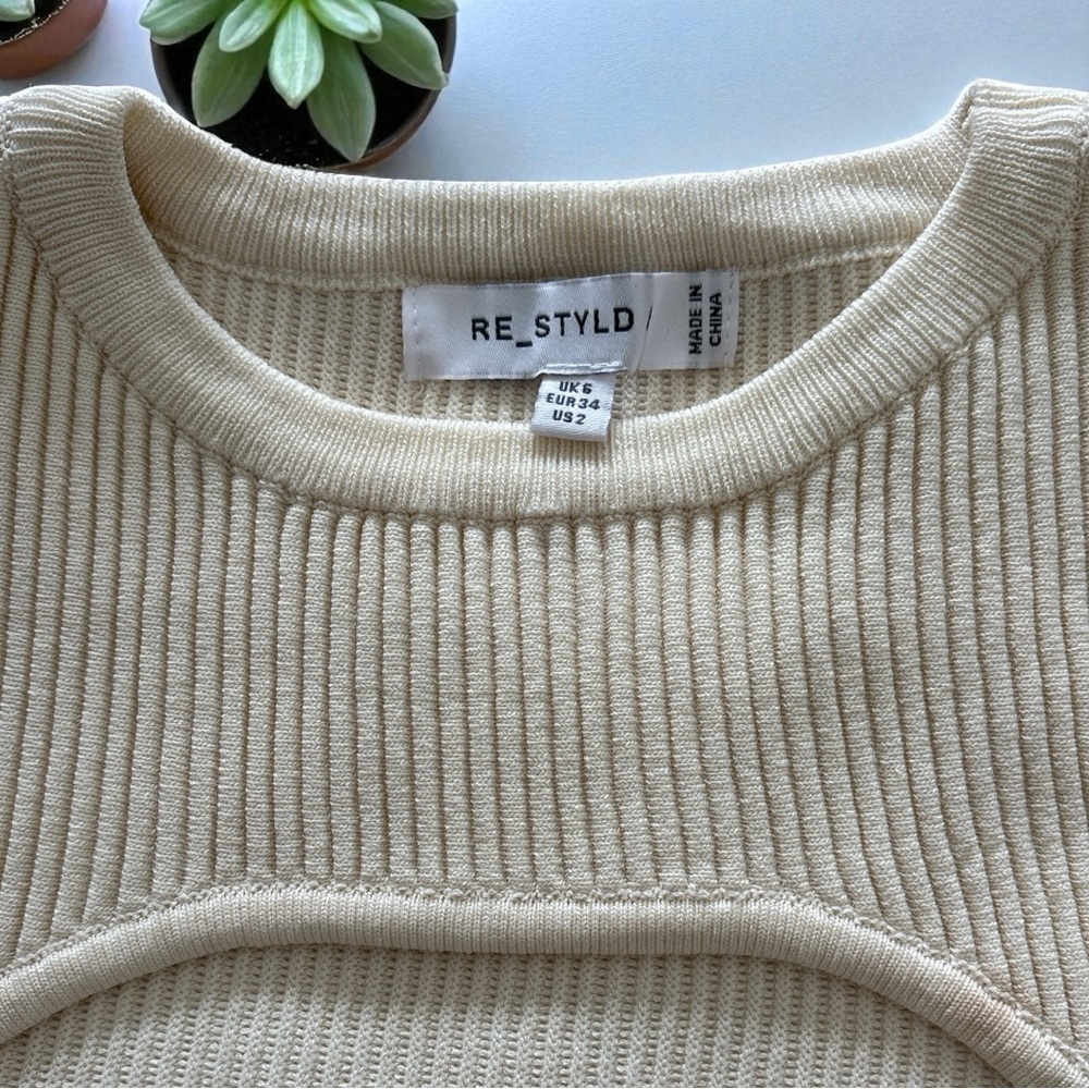 Re_Styld Cream Ribbed Long Sleeve Over-Shirt Top, Size 2 - Picture 3 of 10
